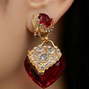 Luxurious Gold and Red Heart Earrings